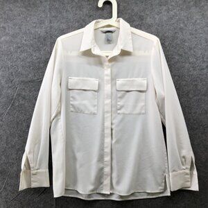 H&M Ivory Long Sleeve Blouse Womens 4 (S)‎ Chiffon Semi-Sheer Utility Career